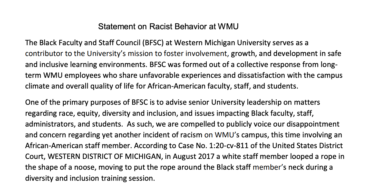 A portion of the Black Faculty Staff Council's letter regarding racism at WMU.